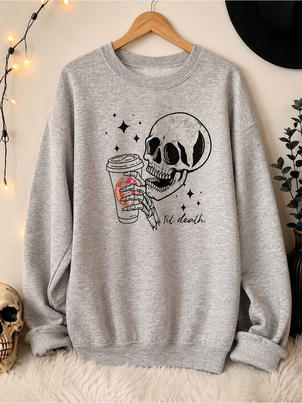 Gray Graphic Skull Coffee Crewneck Sweater Size M Dunkin Donuts